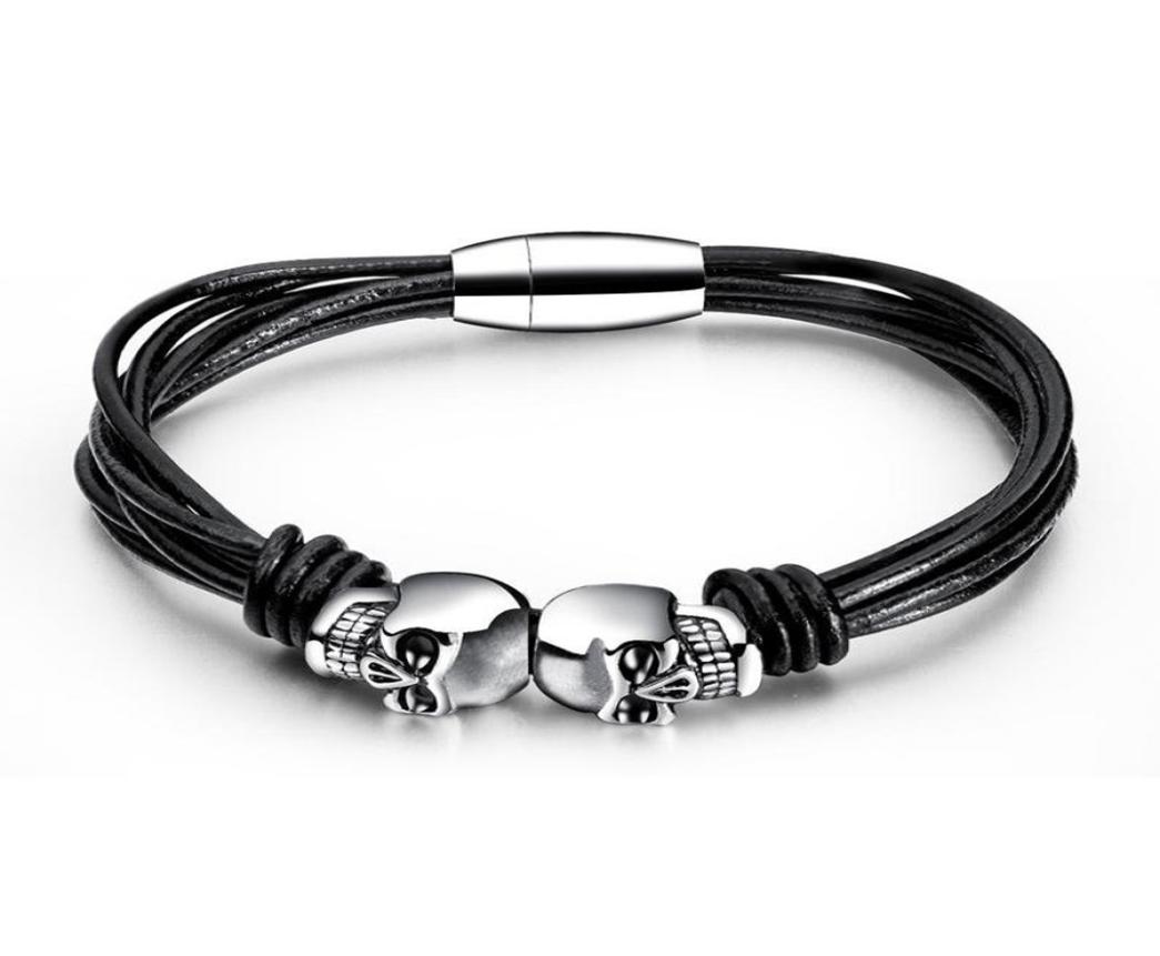 

Fashion Jewelry Mens Charm Braid Multilayer Leather Skull Bracelet Finding Stainless Steel Magnetic Buckle Design Punk Bracelets F4120500