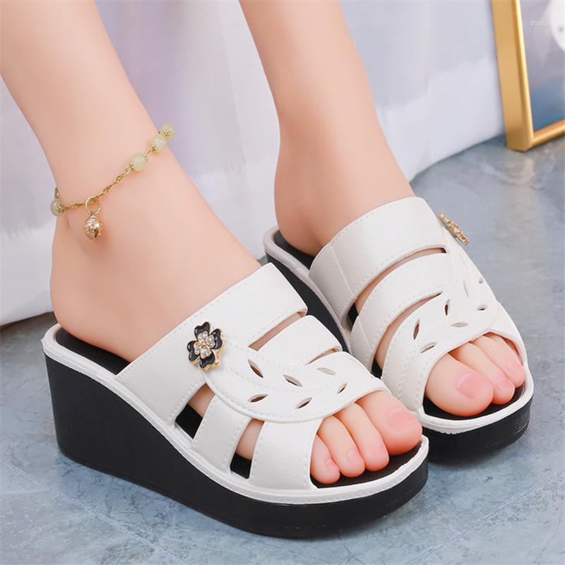 

Slippers Casual Summer Women's Shoes Platform On A Wedge Heeled Mules Slides Luxury Flat High Massage Soft Rome Fabric PU Plasti