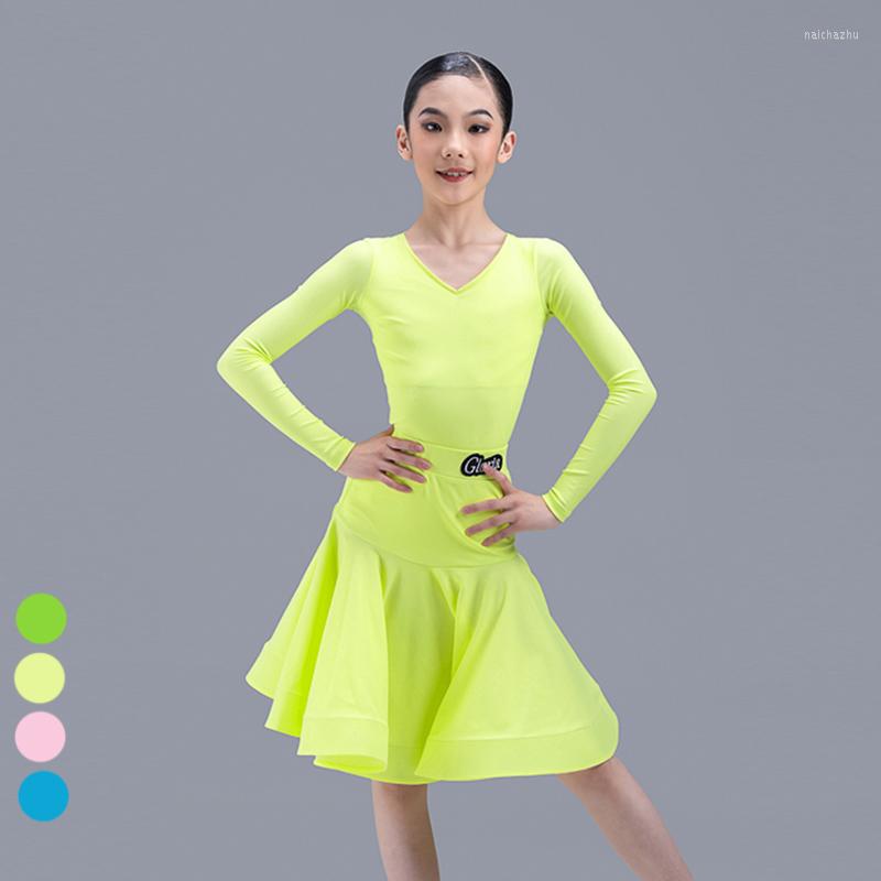 

Stage Wear Latin Dance Competition Clothes Long Sleeved Bodysuit Skirt Girls ChaCha Dancing Outfit Rumba Samba Practice DL10444, Fluorescence yellow
