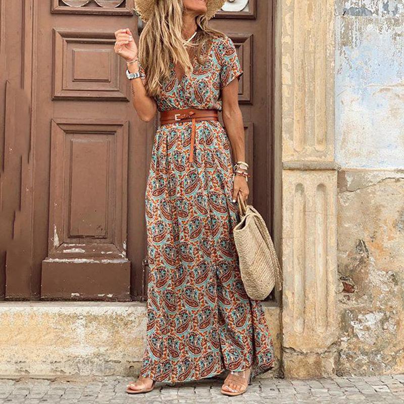 

Casual Dresses Summer Women Bohemian Dress Vintage Print V Neck Sexy Short Sleeves Long Female Holiday Boho Maxi Beach Vestidos, Color 6