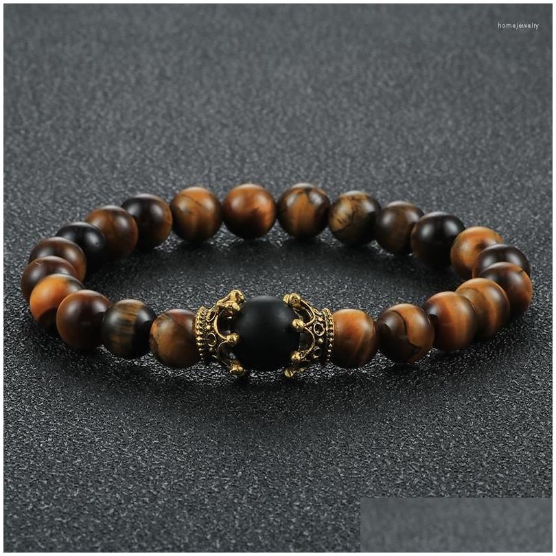 

Beaded Strand 8Mm Tiger Eye Stone Black Onyx Bracelet For Men Fashion Gold Color King Crown Natural Lava Rock Beads Bracelets Jewelr Dhnmw