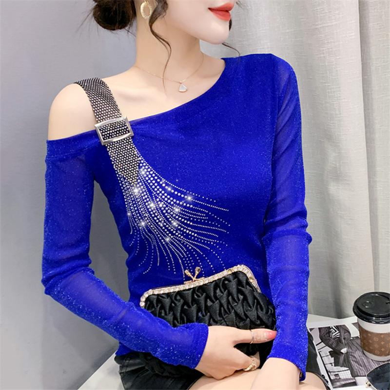 

Women' Blouses & Shirts 2023 Fashion Designer Tops Diamond Sexy One Shoulder T Shirt Shinny Glitter Mesh Blouse Women Long Sleeve Undershir, Black