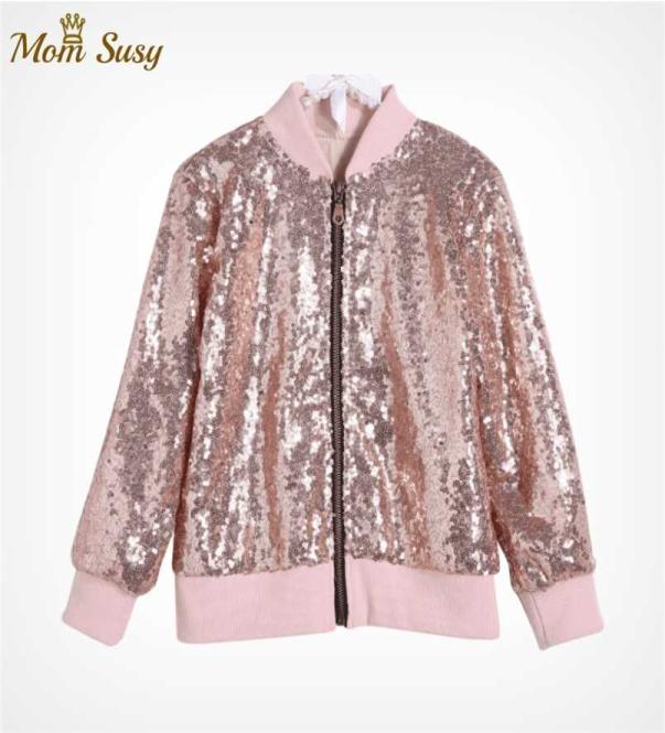 

Girls Sequins Jacket Spring Autumn Cotton Outerwear Kids Long Sleeve Coat Children Solid Shiny Clothes 2110111323361, Gold