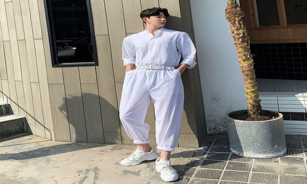 

Loose White Jumpsuits Stand Collar Shirt Overalls Pant Streetwear Stage Show Trousers Male Long Sleeve Summer Cotton Linen Men6084803, Beige