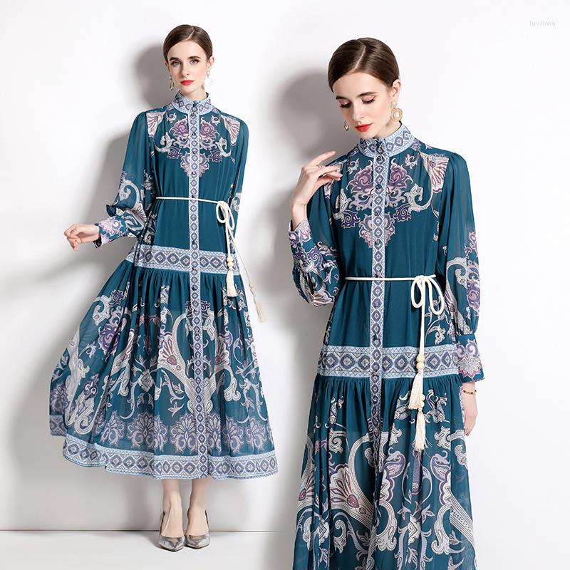 

Casual Dresses Fashion 2023 Summer Runway For Women Lantern Long Sleeve Floral Print A Line Pleated Big Size Maxi Female, Dark green