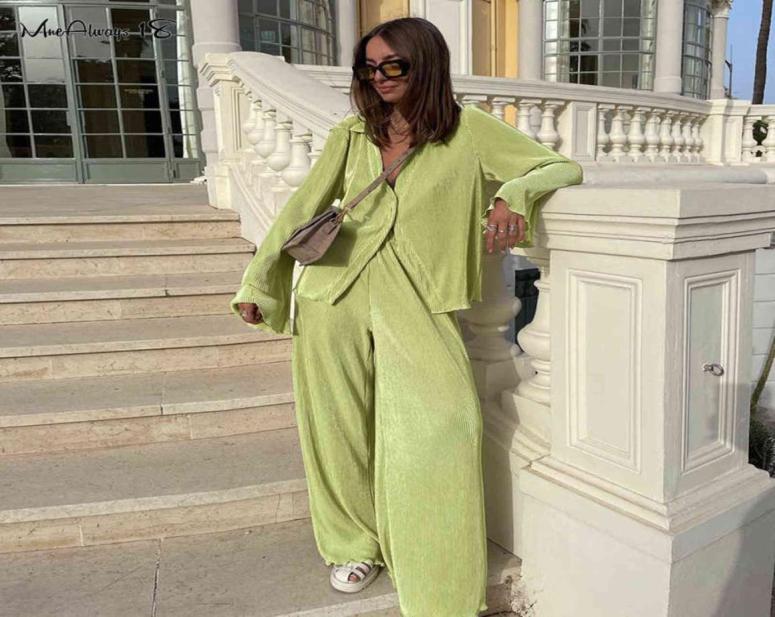 

Mnealways18 Spring 2022 Pleated Womens Pants Fashion Elastic High Waist Wide Leg Pants Female Casual Green Loose Baggy Pants 211102815275