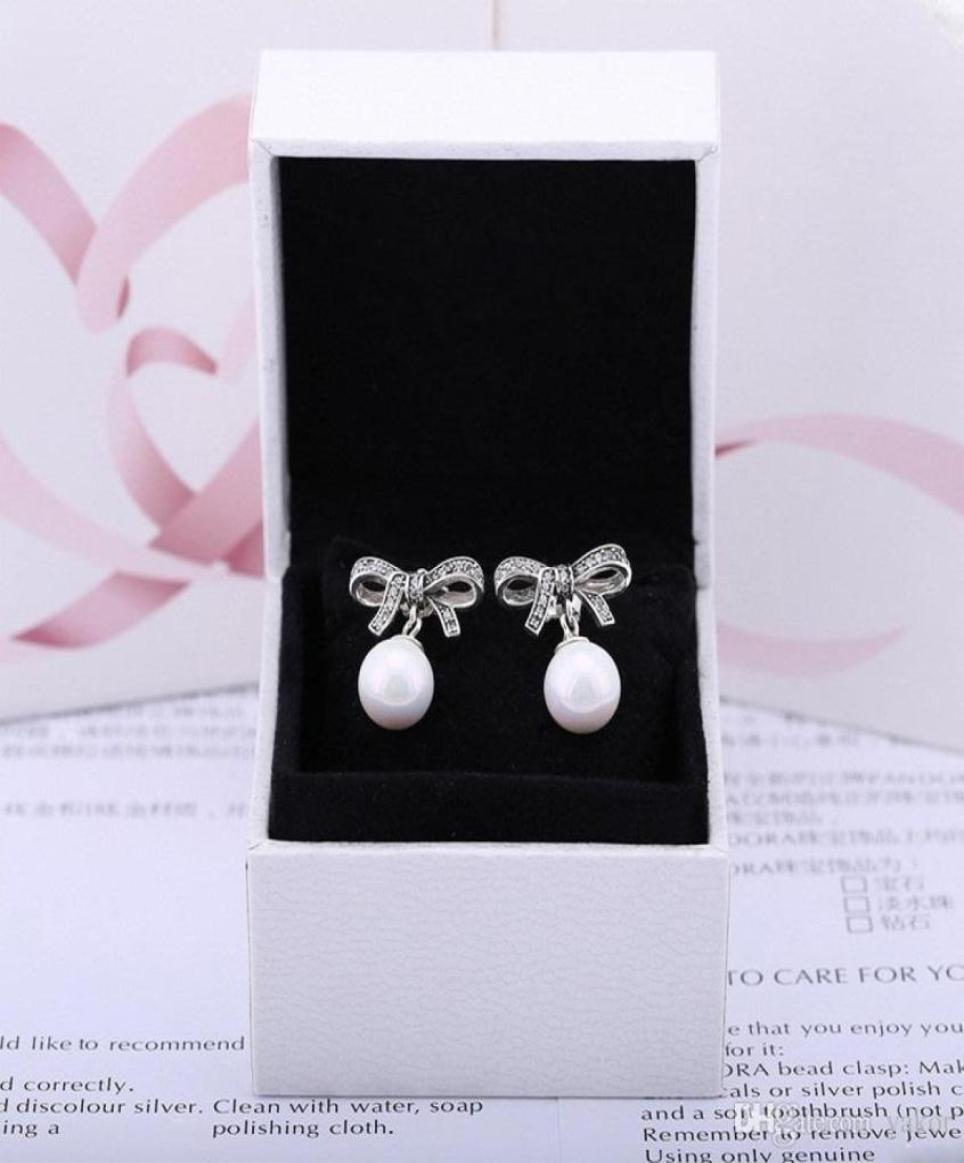 

White Natural pearls Pendant Dangle EARRING Original Box Set for Pandora 925 Sterling Silver bowknot Chandelier Earrings for Women1310429