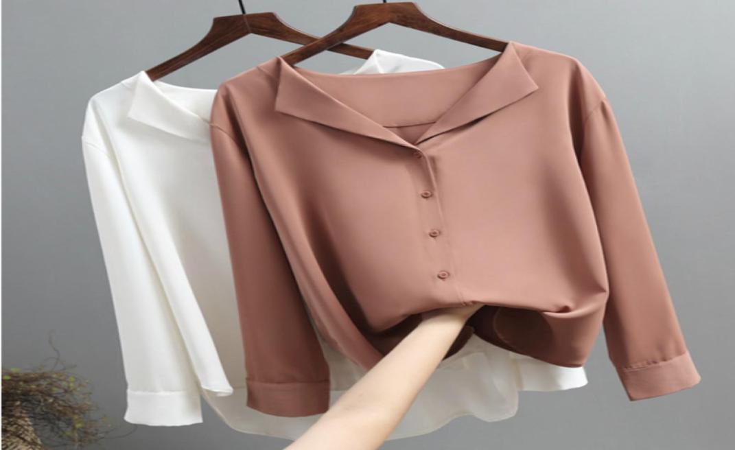 

blouses woman 2020 long sleeve chiffon blouse women shirts top female solid white brown vneck office ladies tops blusas A2968172914