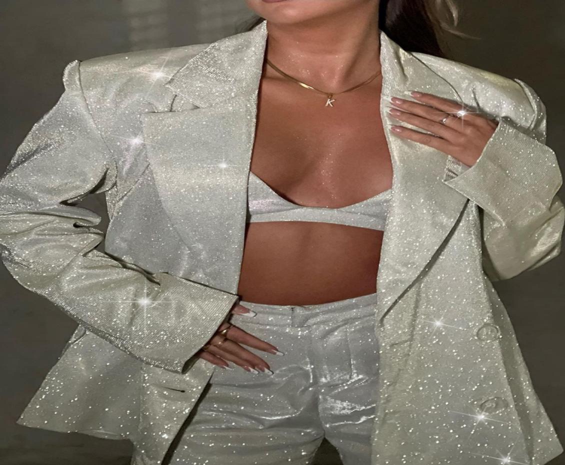 

Tossy Glitter Silver Party Two Piece Pants Set Women Club Night Outfits Fashion Sparkly Blazer Matching Sets Femme Tracksuit 220809317405, Gray