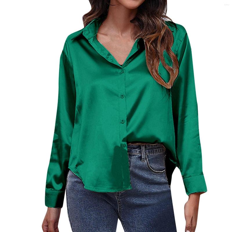 

Women's Blouses Women Satin Silk Tops And Elegant Office Lady Work Button Up Shirt Spring Long Sleeve Lapel White Shirts Chemise Femme, Black