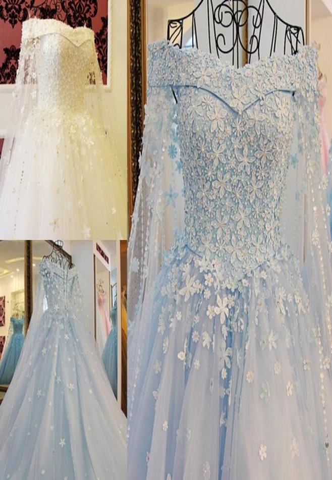 

2022 Blue Off The Shoulder Wedding Dresses with Detachable Cape Beaded Pearls Applique Elegant Laceup Back Bridal Wedding Gowns R1971561, Light sky blue