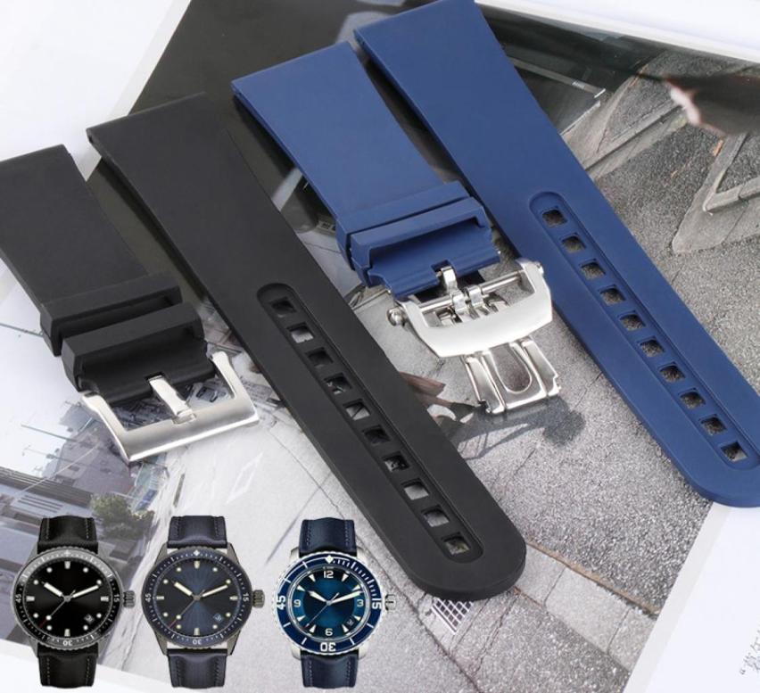 

Watchband 23mm Black Blue Waterproof Diving Silicone Rubber Watch Band Strap Stainless Steel Clasp for BlancpainWatch Man FIFTY FA8377665