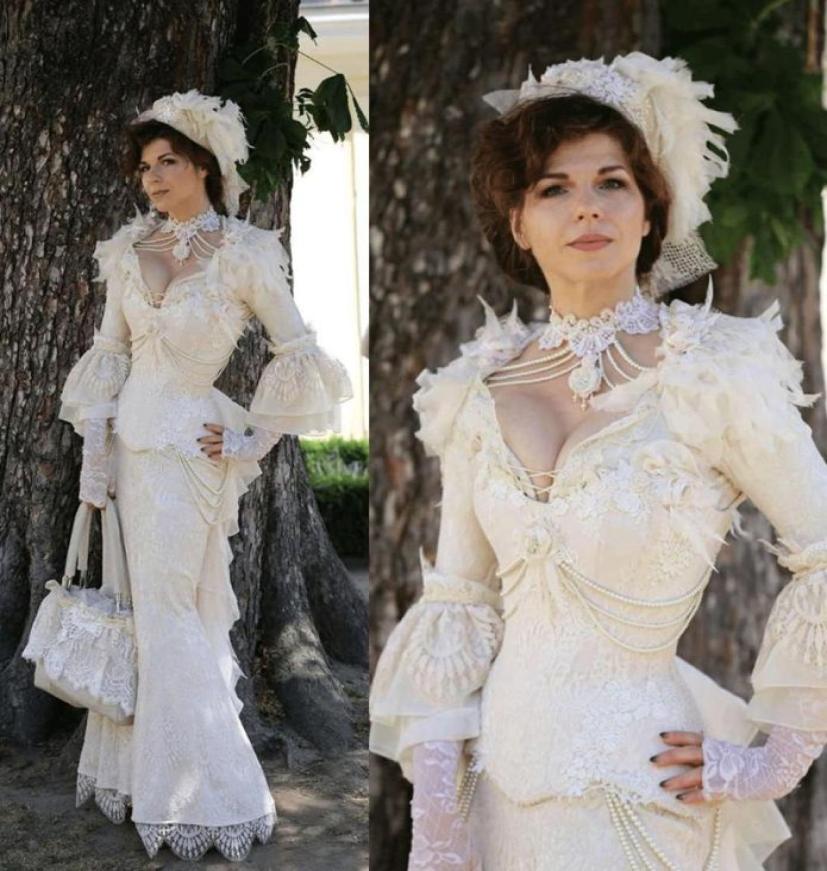 

Vintage Victorian Lace Mermaid Evening Dresses 2022 Puffy Long Sleeve Feather 3D Floral Gothic Laceup Corset Cosplay Prom Gowns p4475804, Dark navy