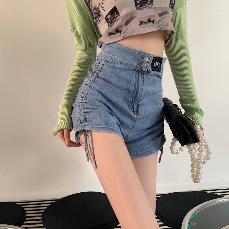 

Women' Jeans High Waist Girl Drawstring Denim Shorts Women' Summer Design Shows Thin A-line Strap Bag Hip Pants Short, Black