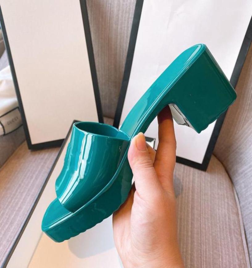 

2021Women Sandals High Heels Rubber Slide Sandal Platform Slipper Chunky 24 heel height Shoes Summer Embossed Flip Flops3115927, White