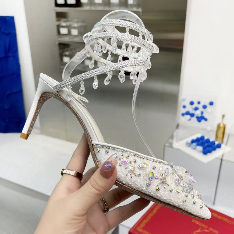 

High-heeled sandals, Strass shoes and ankles wrapped in Gao Xi wedding crystal pointed luxury designer fashion 7.5cm RC Cleo Rene Caovilla with box ball women's dress, As pic
