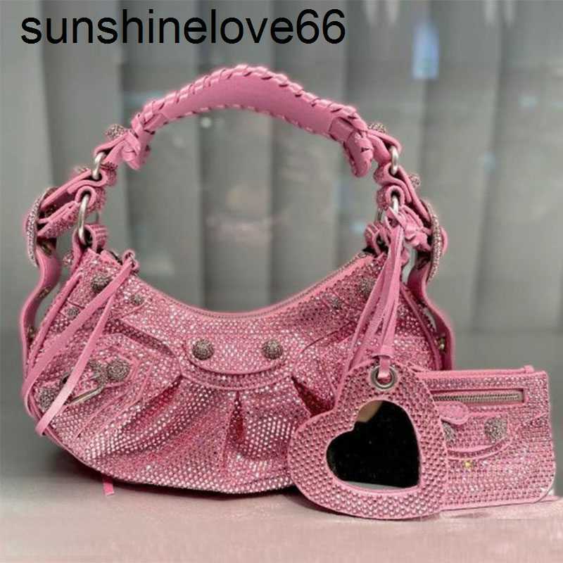 

Motorcycle Handbag Rhinestone Shoulder Bag 5a Quality Crossbody Bags Genuine Leather Heart Shaped Mirror Pendant Zipper Closure Women Half Moon Clutch Purse