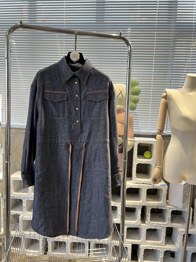 

Casual Dresses 2023 Women Fashion Long Sleeve Lapel Drawstring Denim Dress 0217