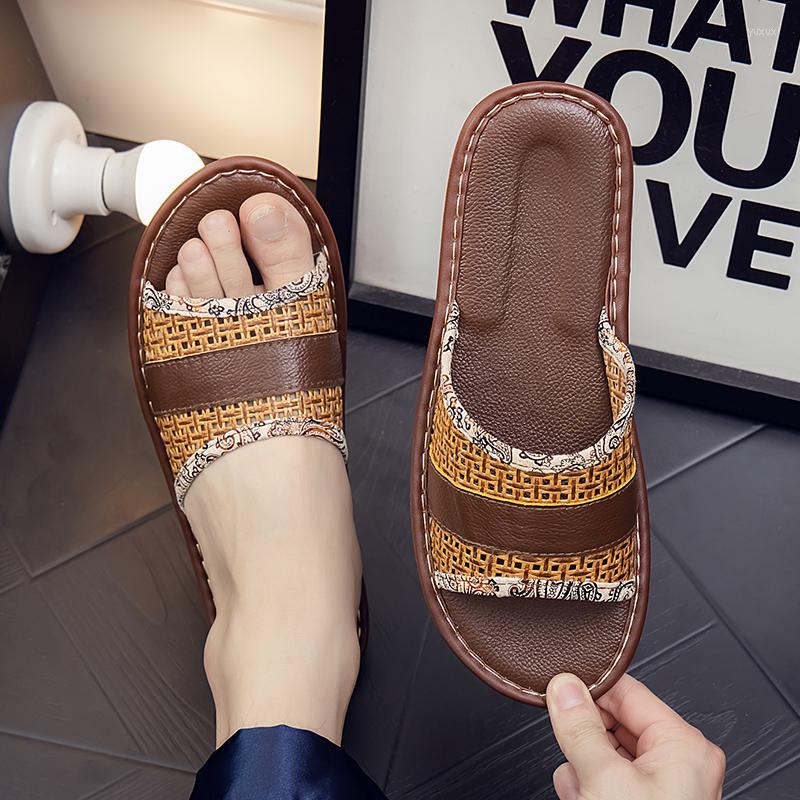 

Slippers Couple's Genuine Leather Indoor Breathable Rattan Men Summer Household Non-Slip Women Casual, Black