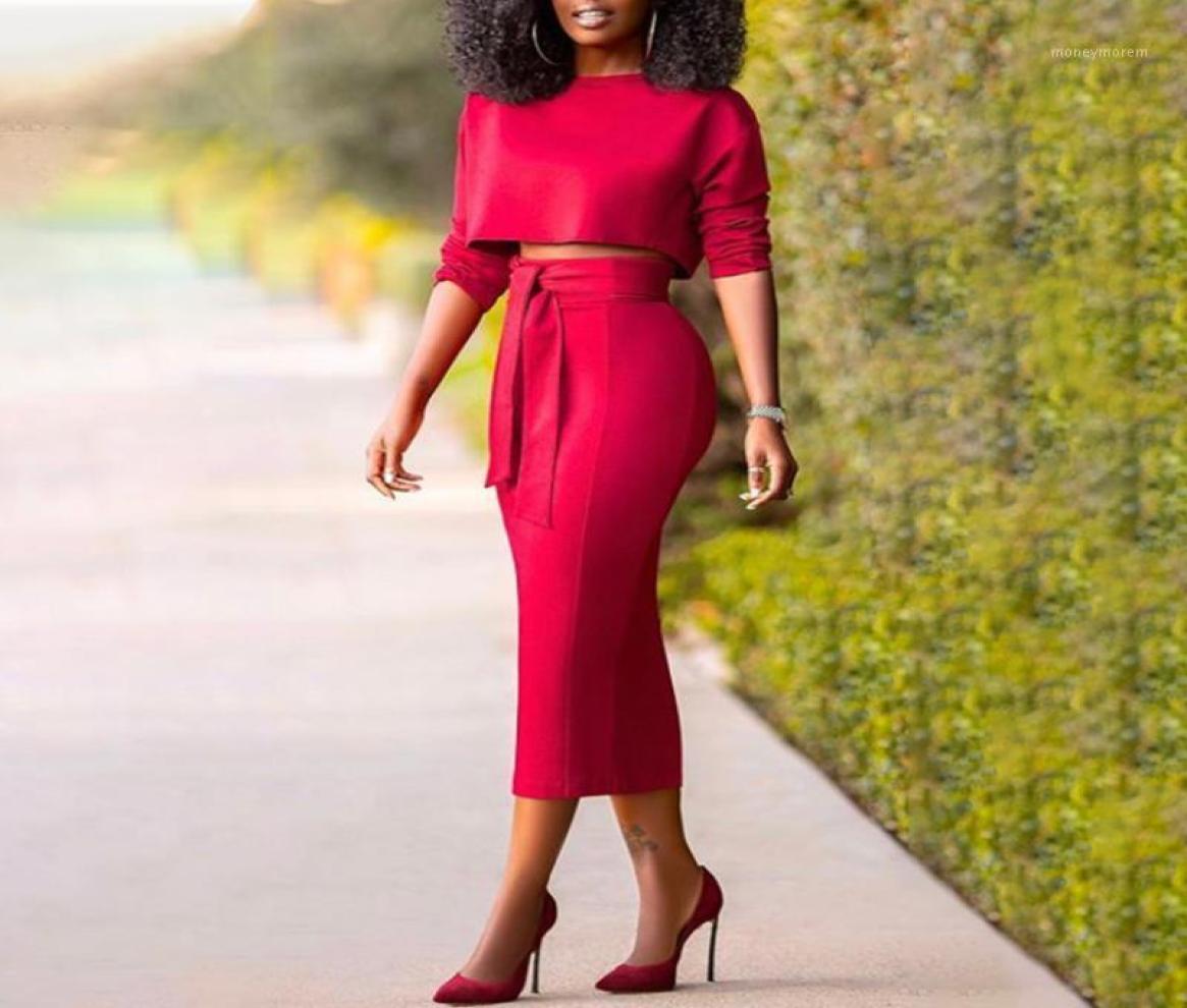 

Women039s Tracksuits Red Two Piece Suit Midi Pencil Skirt With Sashes Sexy Crop Top Elegant Lady Party Occasional Dresses Sprin1588522