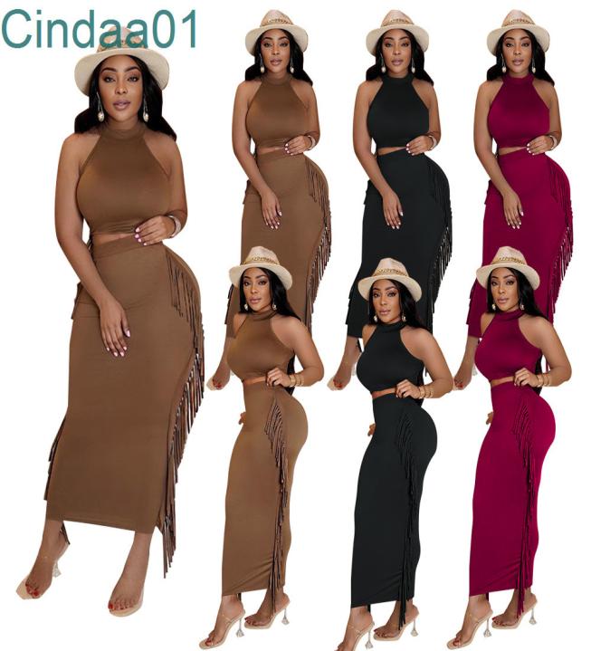 

Women Tassel Two Piece Dress Set Solid Color Sexy Backless Hanging Neck Outfits Nightclub Wear SXXL6490566, Black