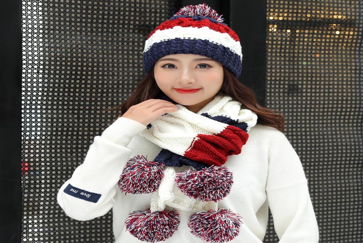 

Women039s Hat Skullies Beanie and scarves Gloves three Pieces Winter hats for Women scarf Glove set Kitted Wool Beanie Keep War3634407