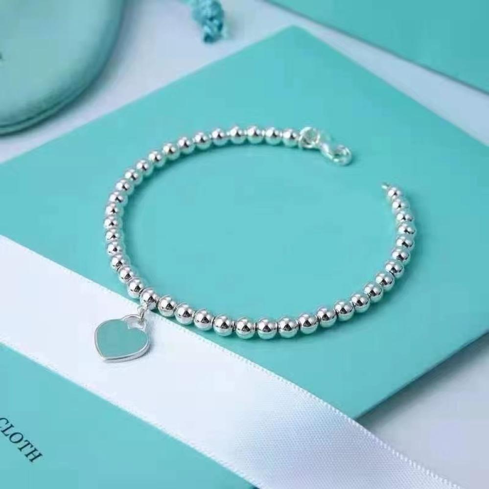 

925 Silver TIF Luxury Heart Beaded Tag Strands Bracelet Women Fine jewelry Trendy Beads chain round ball Bracelets for girlfriend 2056201