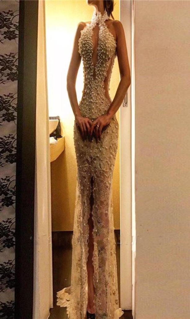 

Super Party Dress vestido de festa longo Beaded Prom Gown Halter Front Split Evening Gown Custom robe de soiree abendkleider1930776, Light sky blue