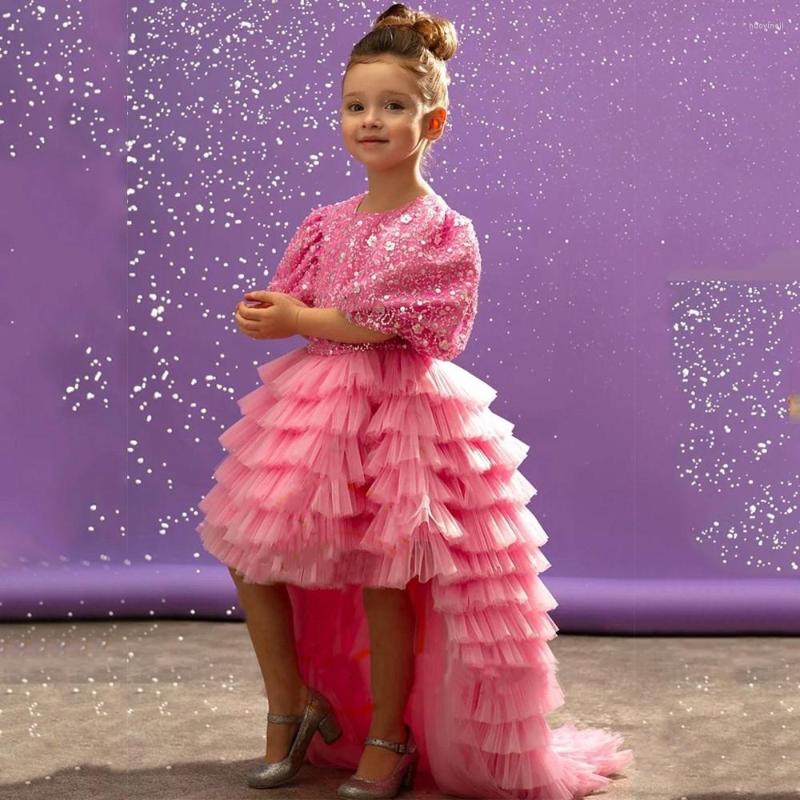

Girl Dresses Fashion High-Low Sequined Flower Dress Puff Sleeve Tiered Little Princess Party Birthday Gown, Pink