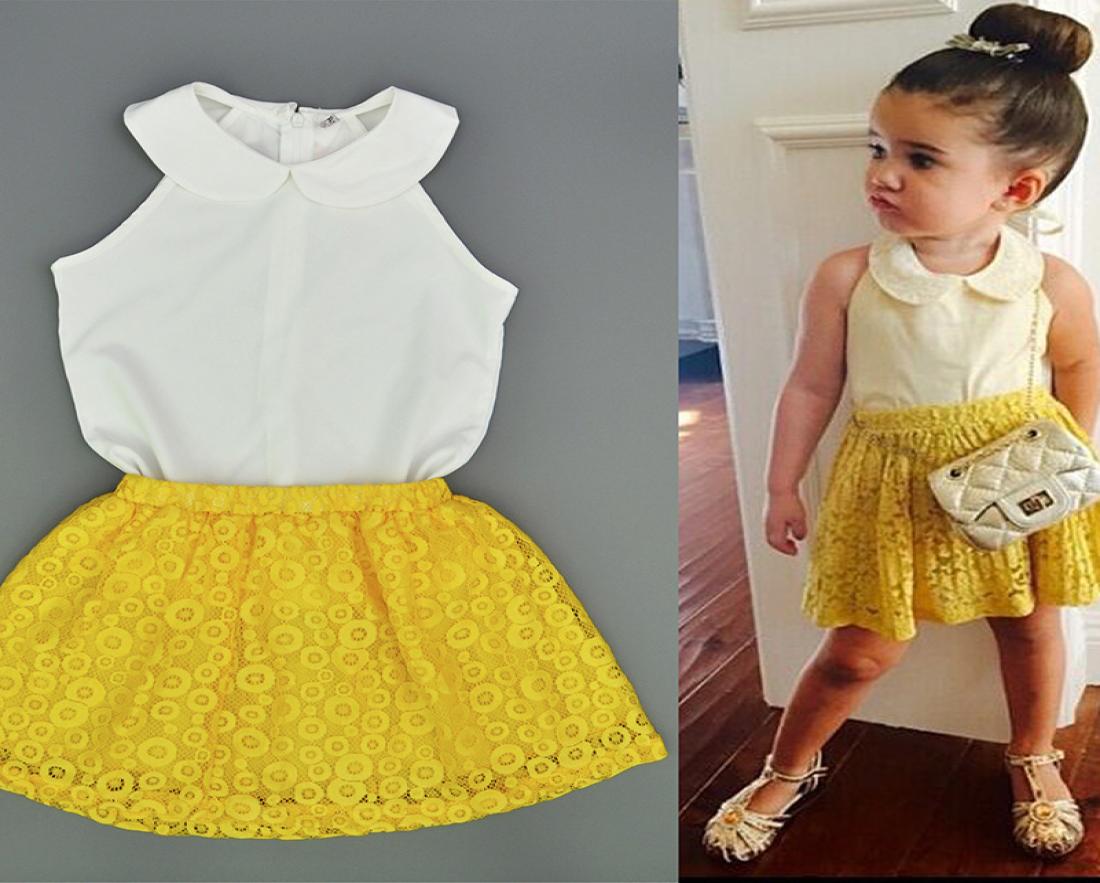 

Baby Girl Summer Clothes Sets Fashion Sleeveless White Chiffon ShirtsYellow Lace Skirts 2pcs Outfits Kids Boutique Clothing Set4400501, Red