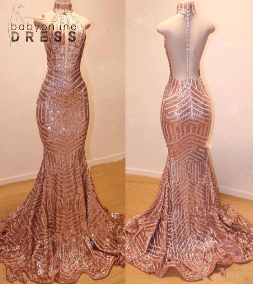

Popular Rose Gold Sequined Prom Dresses Sexy Backless With Button Covered High Neck Mermaid Keyhole Neck Long Evening Gowns BC09049321815, Pink