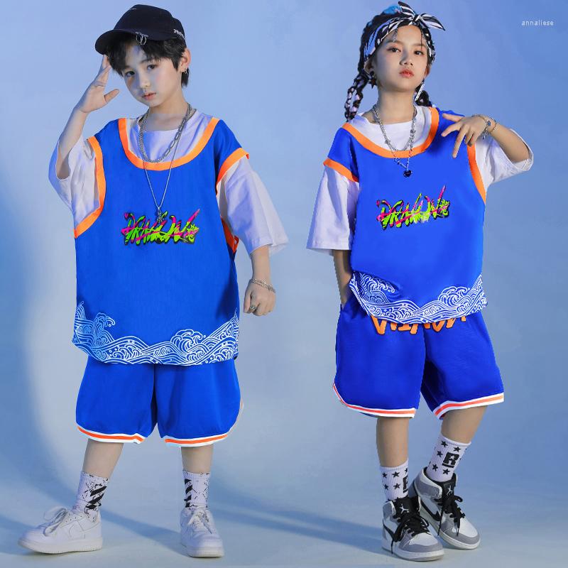 

Stage Wear Kids Performance Outfits Hip Hop Clothing Blue Tee Tops Summer Shorts For Girl Boy Jazz Dance Costume Teenage Clothes, Blue shorts