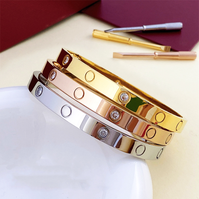 

Women Men Love Bracelet Titanium Steel 5th width 6mm silver rose gold Screwdriver Bangle with diamond Couple Jewelry size 15-22cm