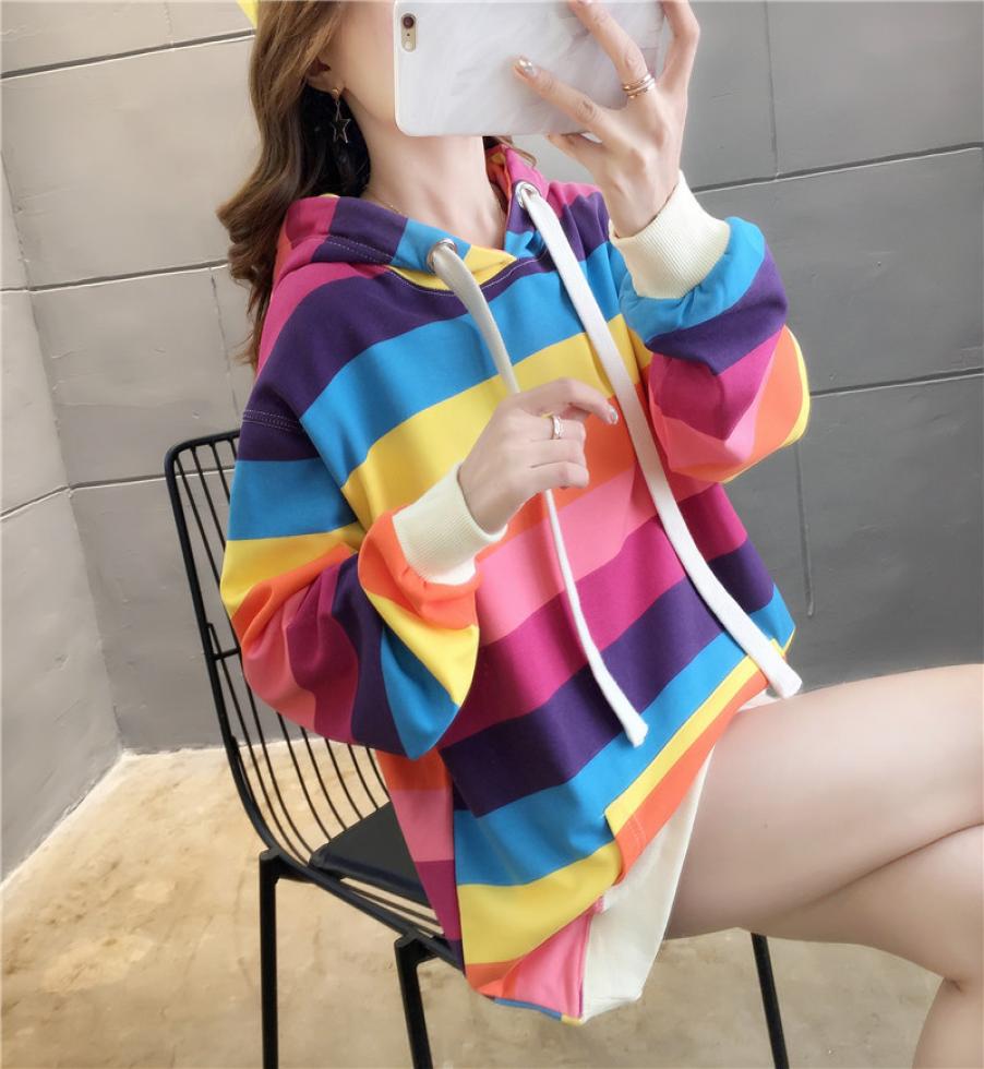 

Hoodies Women Rainbow Striped Sweatshirt Winter Fleece Harajuku Sweatshirts Women Oversize Hooded Pullover Loose Tops Tracksuit2517569, Purple