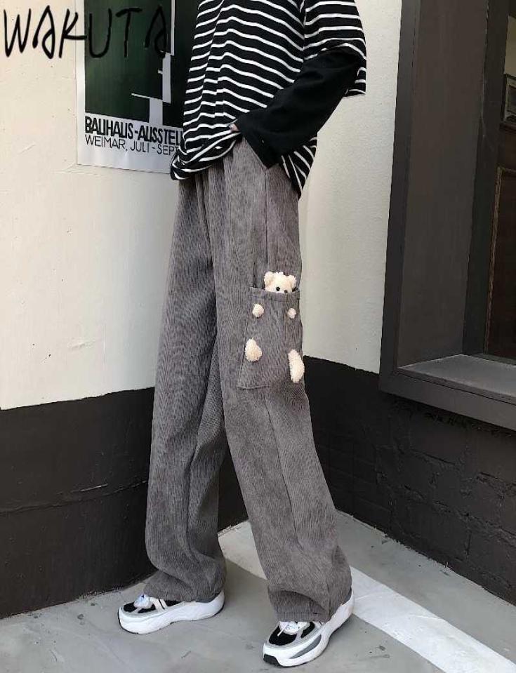 

WAKUTA Cute Bear Pants Loose Allmatch Corduroy Wide Leg Trousers Japanese Trendy Leisure Vintage Harajuku Daily 3 Colors 2105294207064, Black