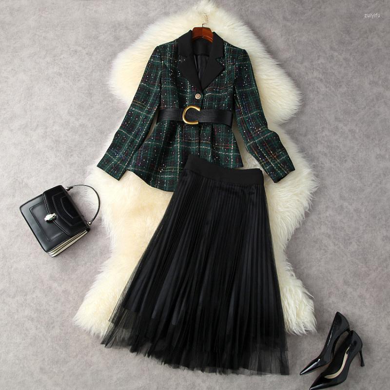 

Casual Dresses European And American Women' Wear Autumn 2023 Long-sleeved Sequined Plaid Belt Coat Gauze Pleated Skirt Fashion Suits, Green