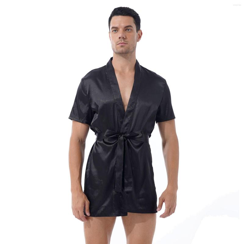 

Men's Sleepwear Men Summer Soft Breathable Nightwear Satin Kimono Night Robe Black S-Through Lace Floral Patchwork Back Slpwear With Belt, Pink