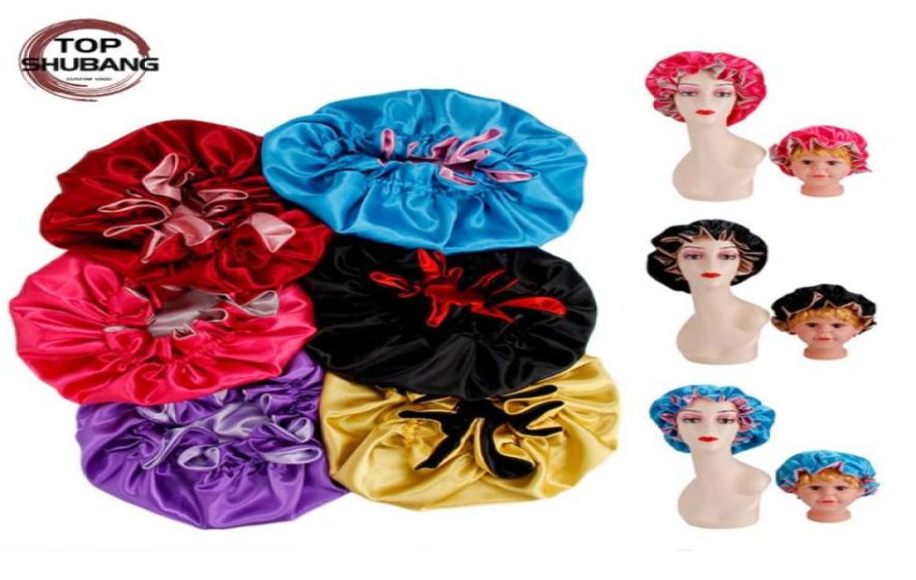 

Mommy and Me kid Satin caps Double Layer Women Night Sleeping Cap Children Head Cover Hair Accessories Reversible Silk Bonnet7878504, Black