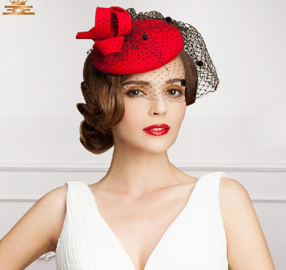 

2021 Top Vintage New Style Red Color Tulle Wedding Bridal Hats EveningParty Headwears In Fashion2873078, Mixed color