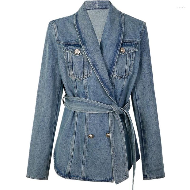 

Women' Jackets Autumn Korean Belt Waist Thin Lotus Leaf Edge V-neck Double-breasted Denim Jacket, Blue