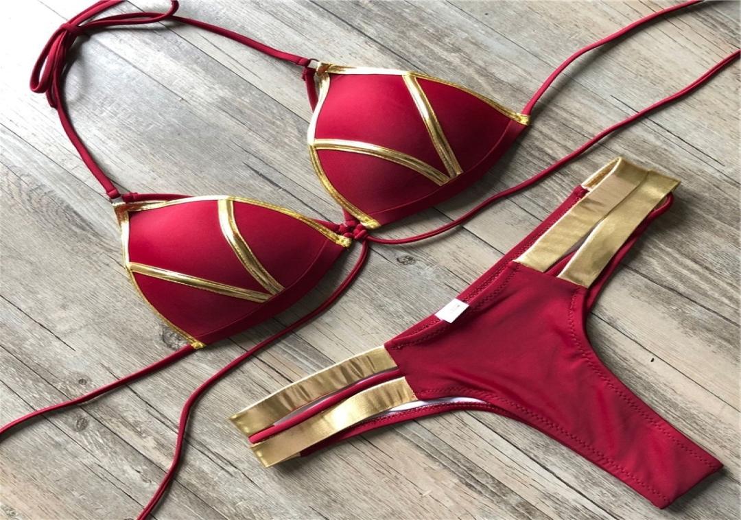 

Red Swimwear Push Up Swimsuit Women Halter Biquini Padded Bathing Suit Gold Stamping Brazilian Bikini Set Thong Sexy Bikini Y200317381500