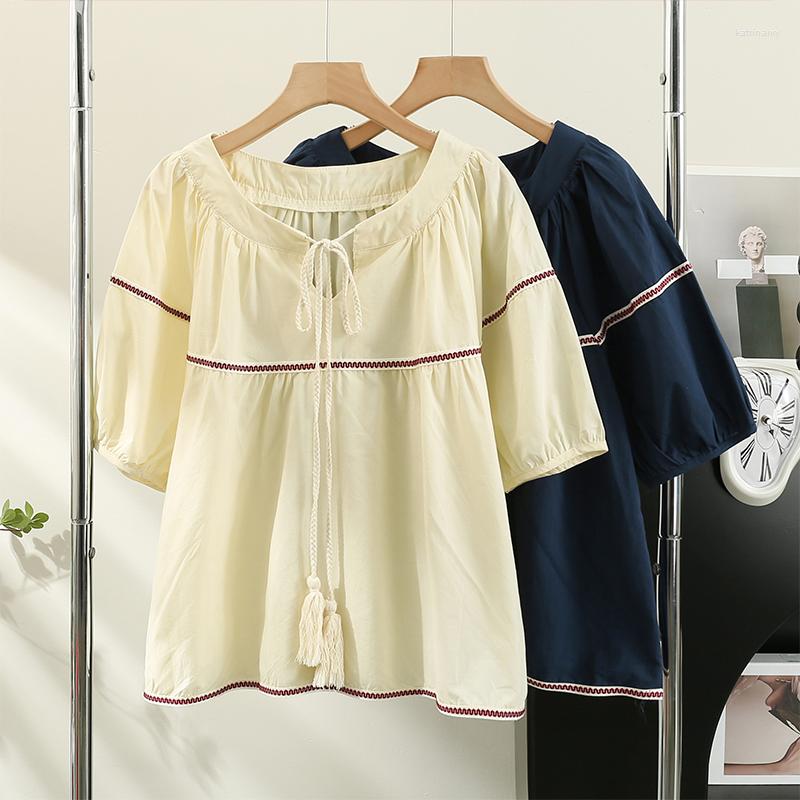 

Women's Blouses Korejepo Korean Retro Tassel Blouse Lace Up Bubble Sleeve Shirt Women's 2023 Summer Fashionable Age Reducing Slim Chic, Dark blue