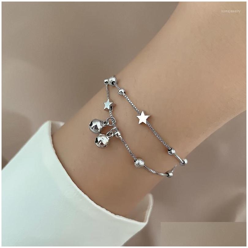 

Chain Link Bracelets Panjbj 925 Stamp Sier Color Double Layer Star Bracelet For Women Girl Small Bell Frosting Jewelry Gift Dropship Dho0A