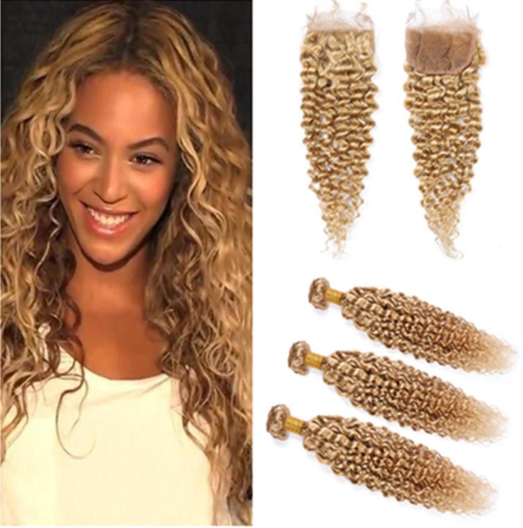 

Honey Blonde Peruvian Curly Human Hair Weave Wefts with Closure 27 Light Brown Kinky Curly Virgin Hair 3Bundles with Lace Closure7992733, Ombre color