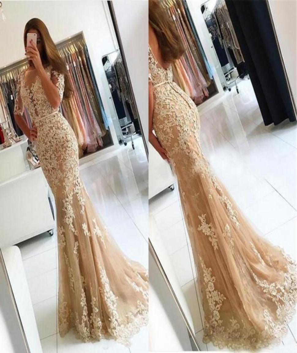 

Evening Dresses Wear 2017 New Sexy Illusion Half Sleeves Champagne Lace Appliques Prom Dress Mermaid Backless Sweep Train Formal P9407245, Same as picture