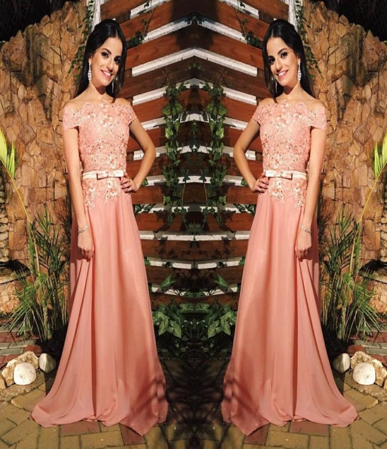 

Peach A Line Chiffon Off Shoulders Prom Dresses Lace Beaded Long Sweep Train Evening Gowns With Sash Belt Cheap Formal Party Wear4707969, Red