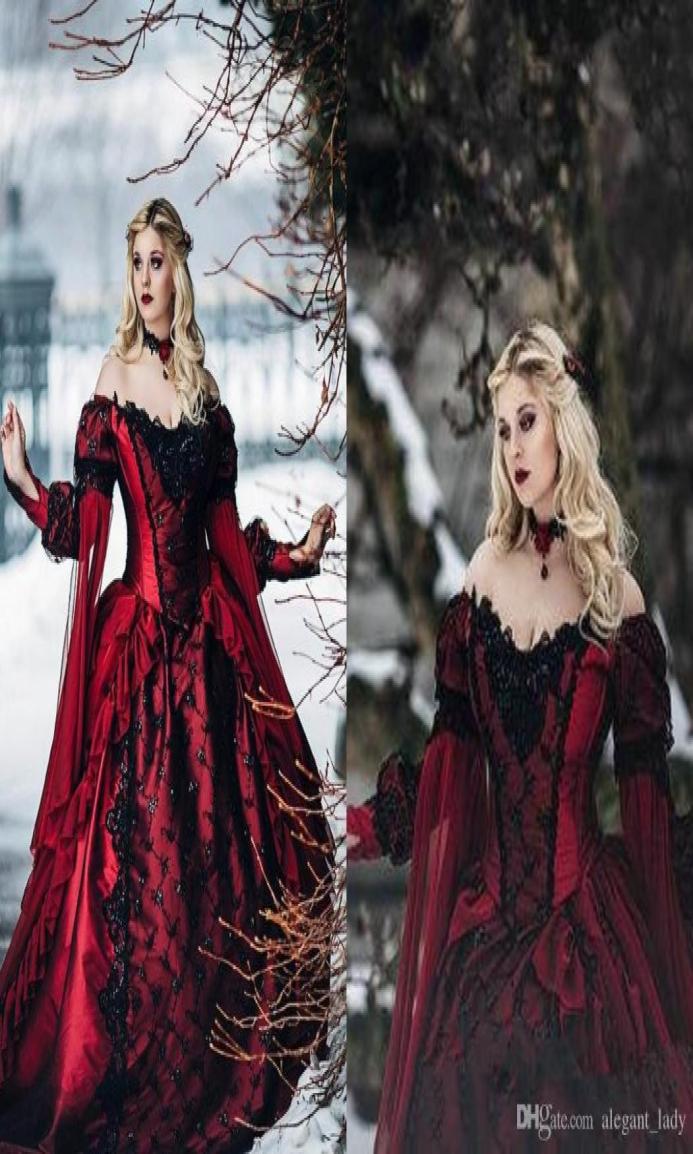 

Sleeping Beauty Princess Medieval Burgundy and Black Gothic Wedding Dress Long Sleeve Lace Appliques Victorian masquerade Bridal G2646262, Blue