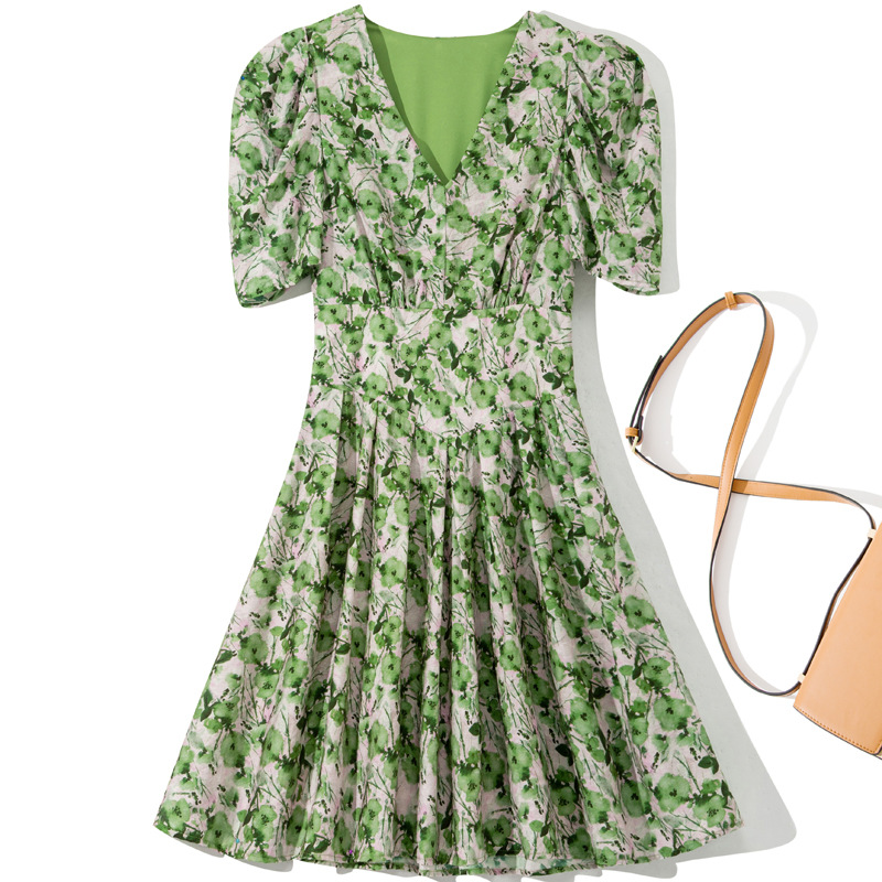 

2023 Summer Green Floral Print Panelled Dress 1/2 Half Sleeve V-Neck Knee-Length Casual Dresses Y3W256701, Forestgreen