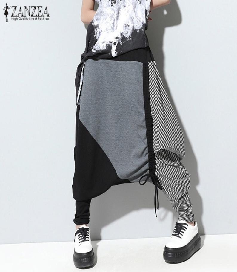 

ZNAZEA Vintage Patchwork Harem Pants Women Casual Elastic Waist Baggy Long Wide Leg Trousers Fashion DropCrotch Pantalon Y2001141057326, White
