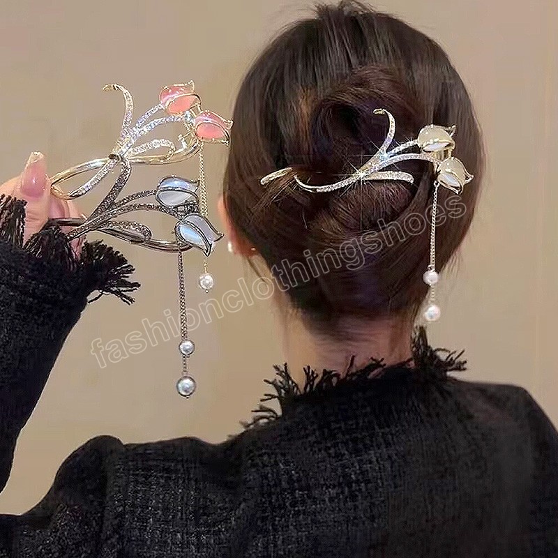

Fairy Tulip Tassel Hair Claw Cat's Eye Stone Twisted Clip Hanfu Ancient Flower Ponytail Hairpin Chinese Hair Accessories